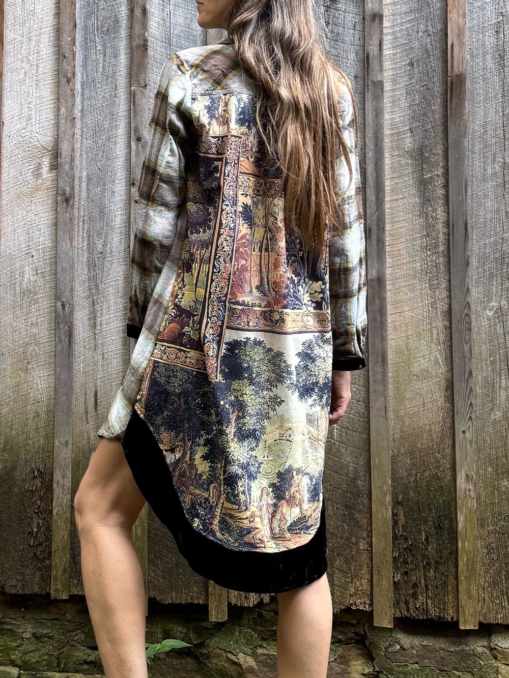 Mixed Media Scenic Panel Back Brown Plaid Shirt Dress Trimmed in Green Velvet